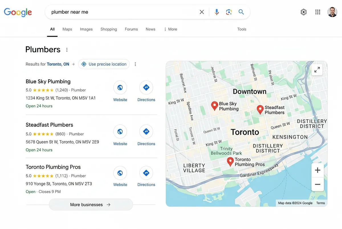 Example Google Map Pack for Seattle, WA businesses